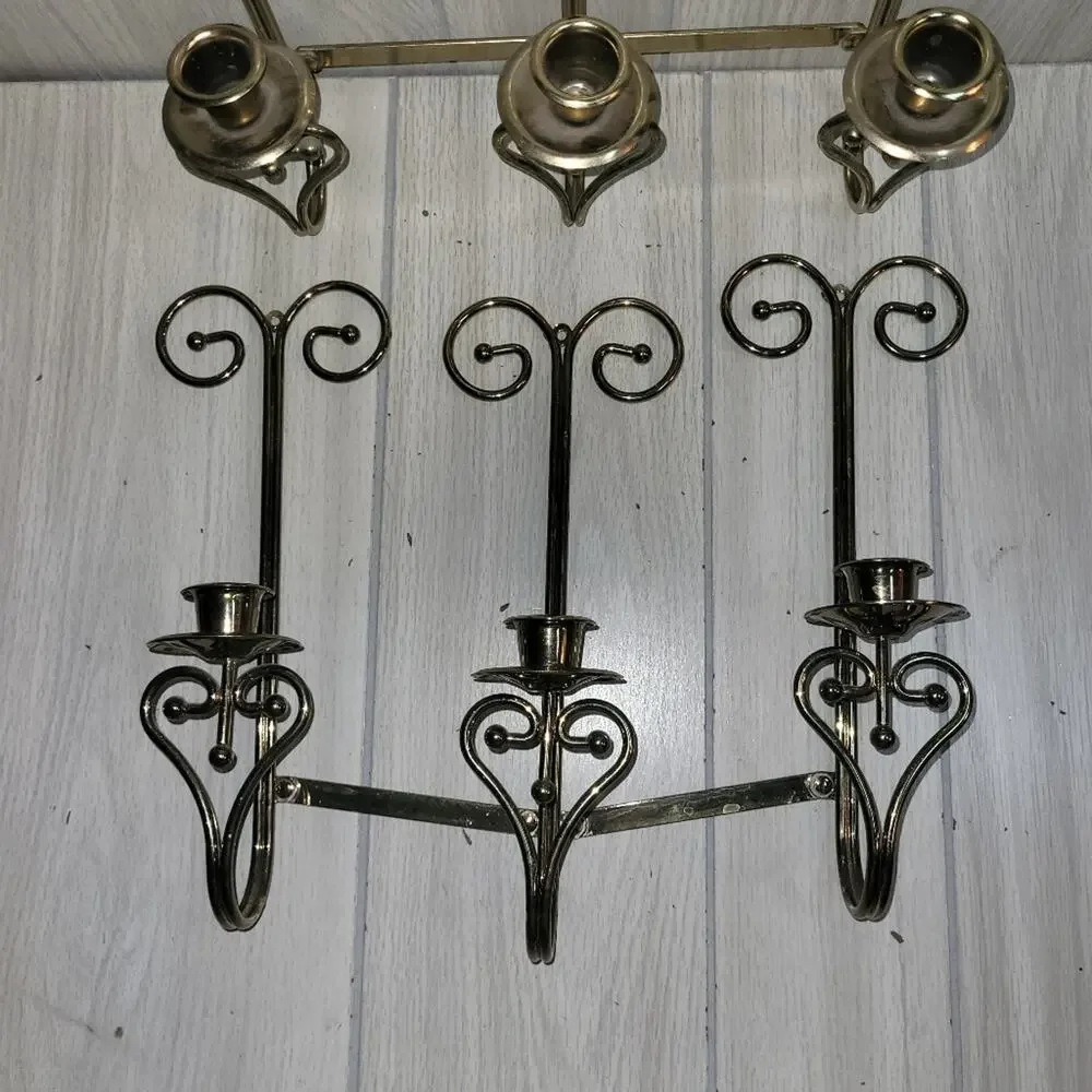 Vtg Brass Wall Mount Triple Sconce Pair Home Interior Candle Holders Gothic MCM